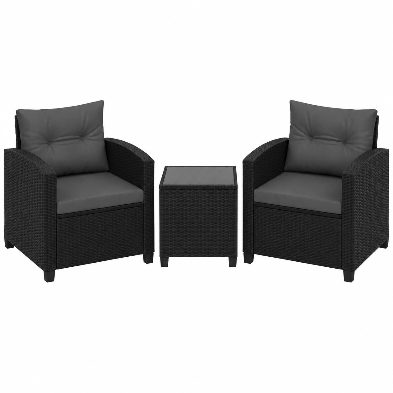 3-teiliges Rattan Gartenmöbel-Set mit Kissen, Balkonmöbel für 2 Personen, Schwarz/Grau