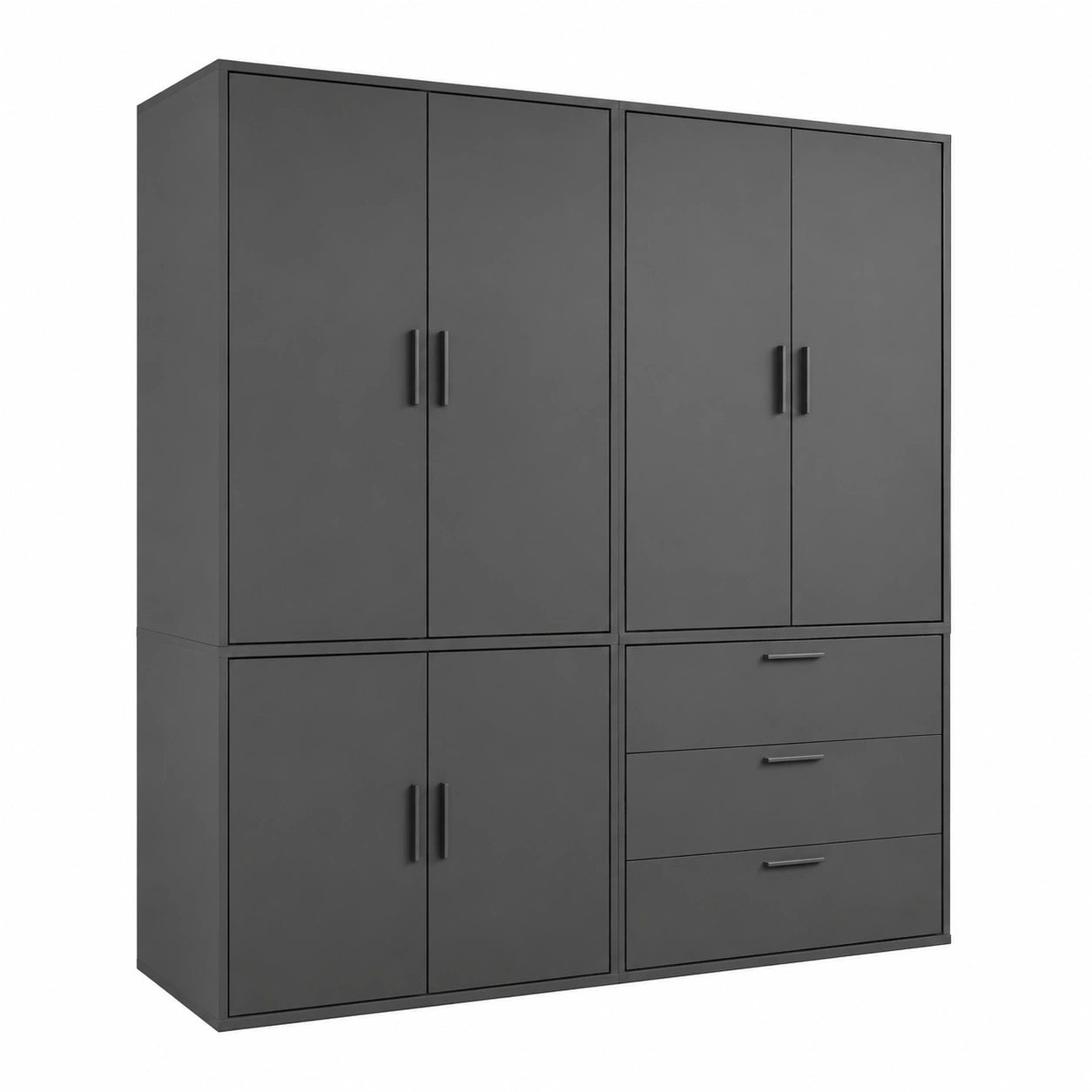 Schwarzer Kleiderschrank aus Holz, 6-türig mit 3 Schubladen, modular & kombinierbar