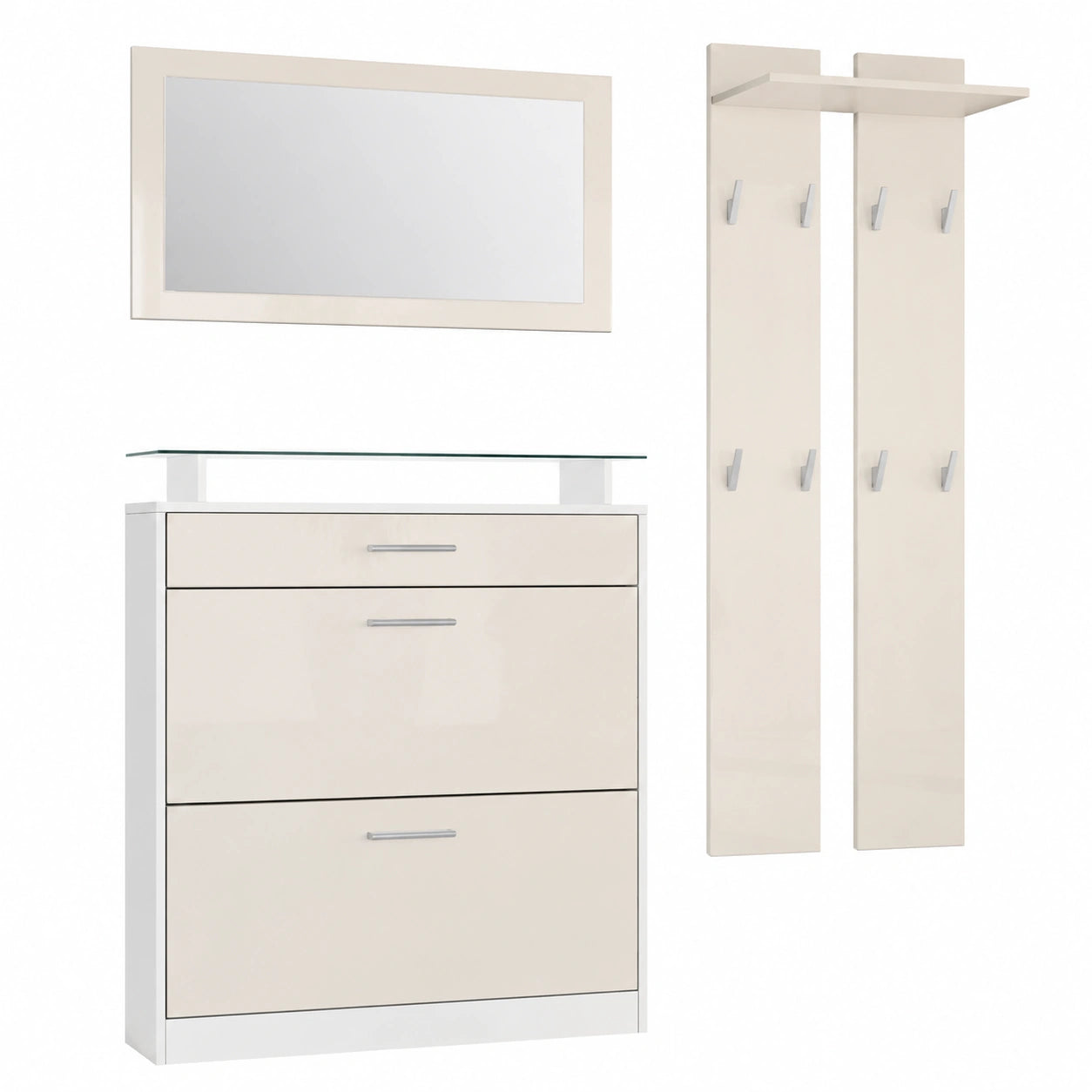 Vladon Garderobe-Set Loret Mini mit Schuhschrank, Spiegel und Paneelen, Mattweiß/Creme Hochglanz