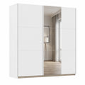 Moderner Rauch Kleiderschrank Santiago mit Spiegel und Schiebetüren, Weiß, 2 Türen, mit Regalböden und Kleiderstangen, Größe 218x210x59 cm