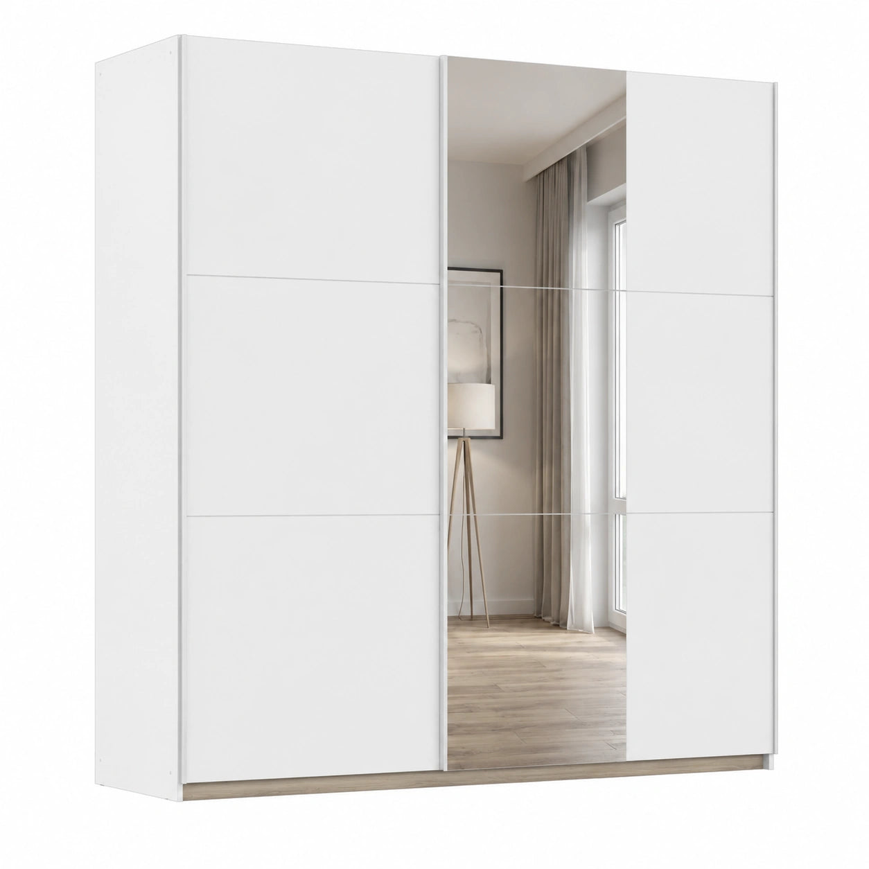 Moderner Rauch Kleiderschrank Santiago mit Spiegel und Schiebetüren, Weiß, 2 Türen, mit Regalböden und Kleiderstangen, Größe 218x210x59 cm