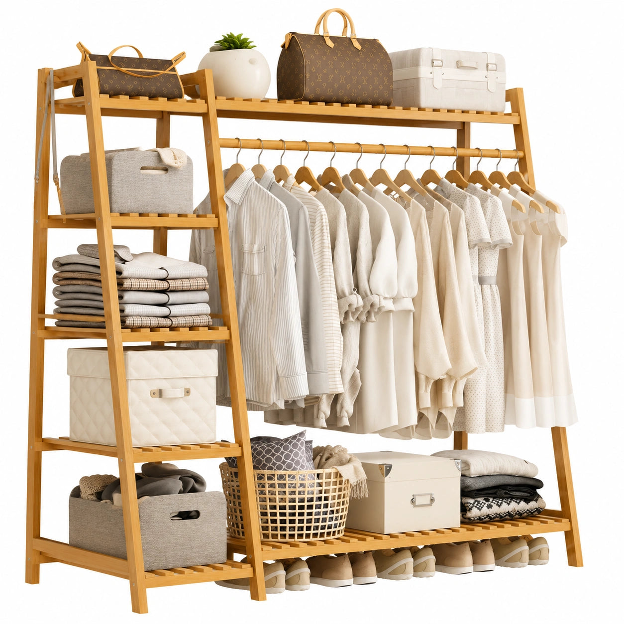 Bambus-Kleiderständer: Offenes Design mit Kleiderstange, Freistehend, Naturholz (130x40x140 cm)