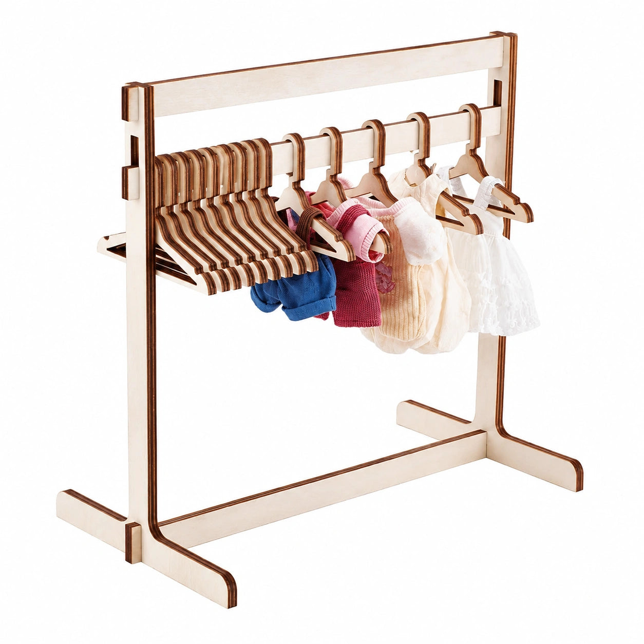UNICRAFTALE Puppenkleiderständer Set mit 15 Holz-Kleiderbügeln, Antikweiß, 30 cm Höhe, für Puppenhaus Zubehör