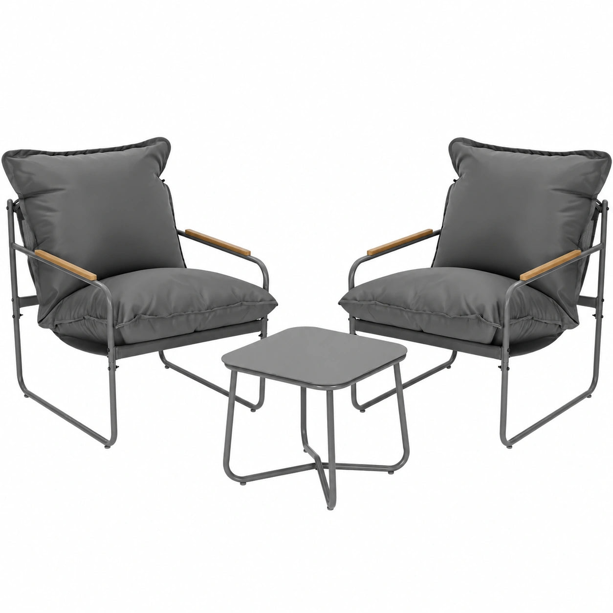 WOLTU 3-teiliges Balkonmöbel-Set: 2 Stühle, 1 Tisch mit Kissen, Metallrahmen, bis 160kg belastbar, Grau