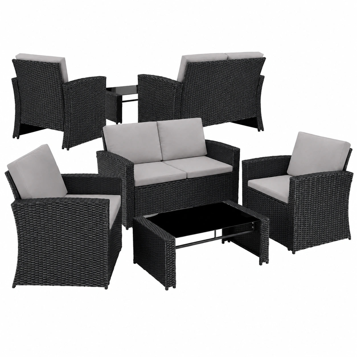 Outdoor Gartenlounge-Set aus Polyrattan, wetterfeste Balkonmöbel für 4 Personen, inkl. Sofa, Sessel & Tisch, 12-teilig, Schwarz/Grau