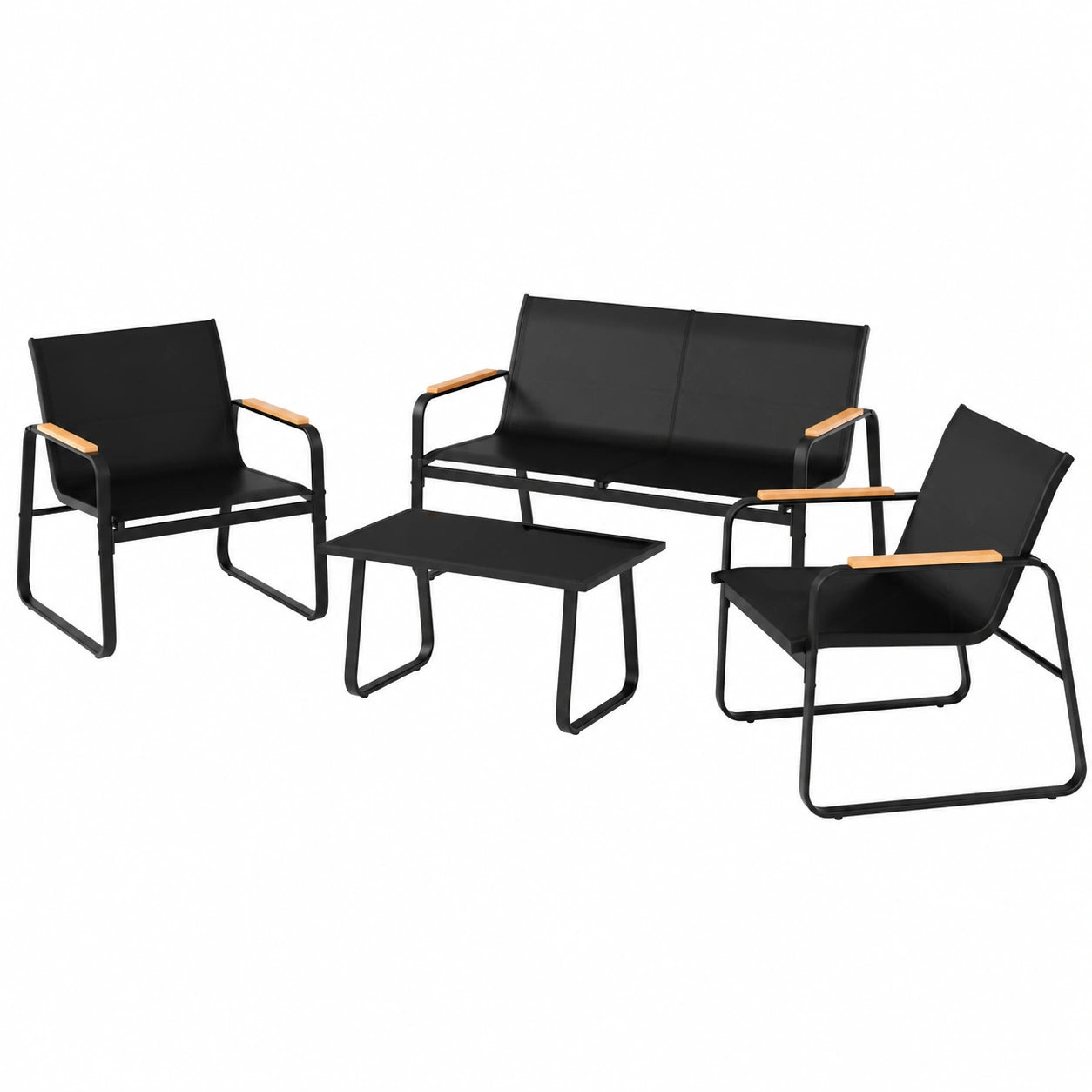 Mondeer 4-teiliges Gartenmöbel-Set, Balkonmöbel mit Holz-Kunststoff-Armlehnen, Lounge-Möbel mit Tisch, Sofa und 2 Stühlen, wetterfest, ideal für Garten und Terrasse, Schwarz