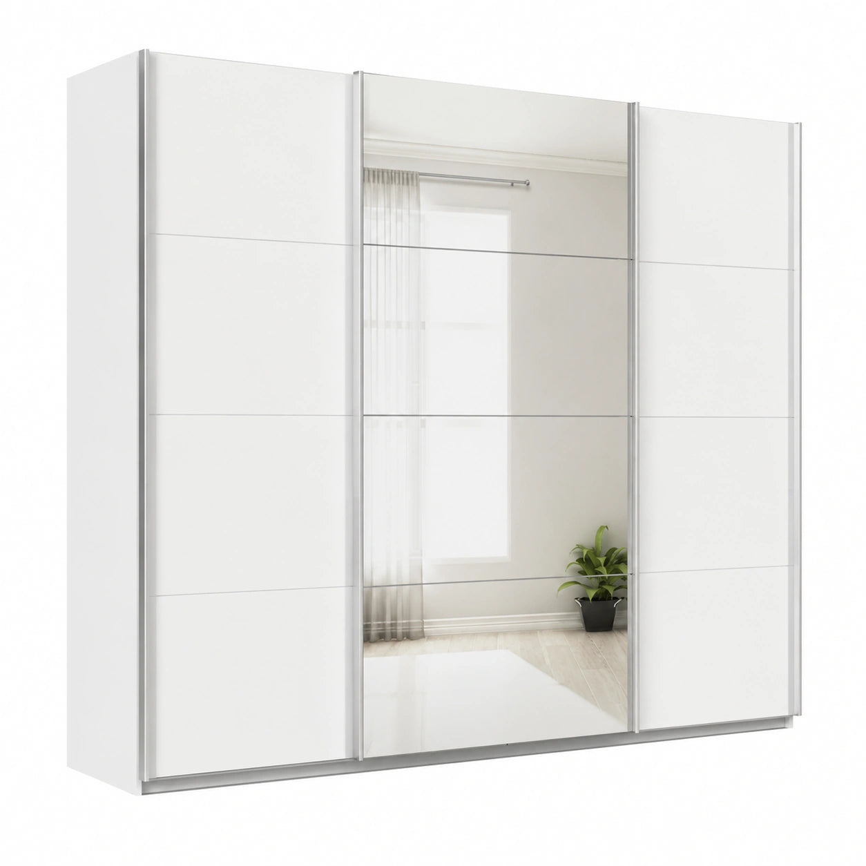 Rauch Möbel Quadra Schwebetürenschrank 315 cm Weiß, 3-türig, inkl. 8 Einlegeböden & 4 Kleiderstangen, Schlafzimmerschrank