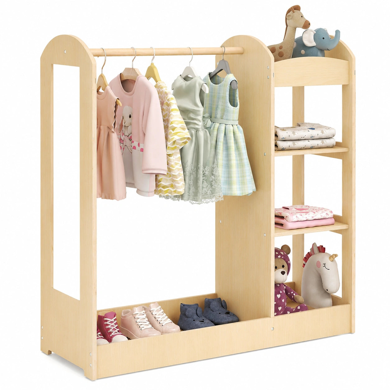 Kinder-Kleiderschrank aus Holz mit Spiegel und Regalböden, 93x38x100 cm, Natur