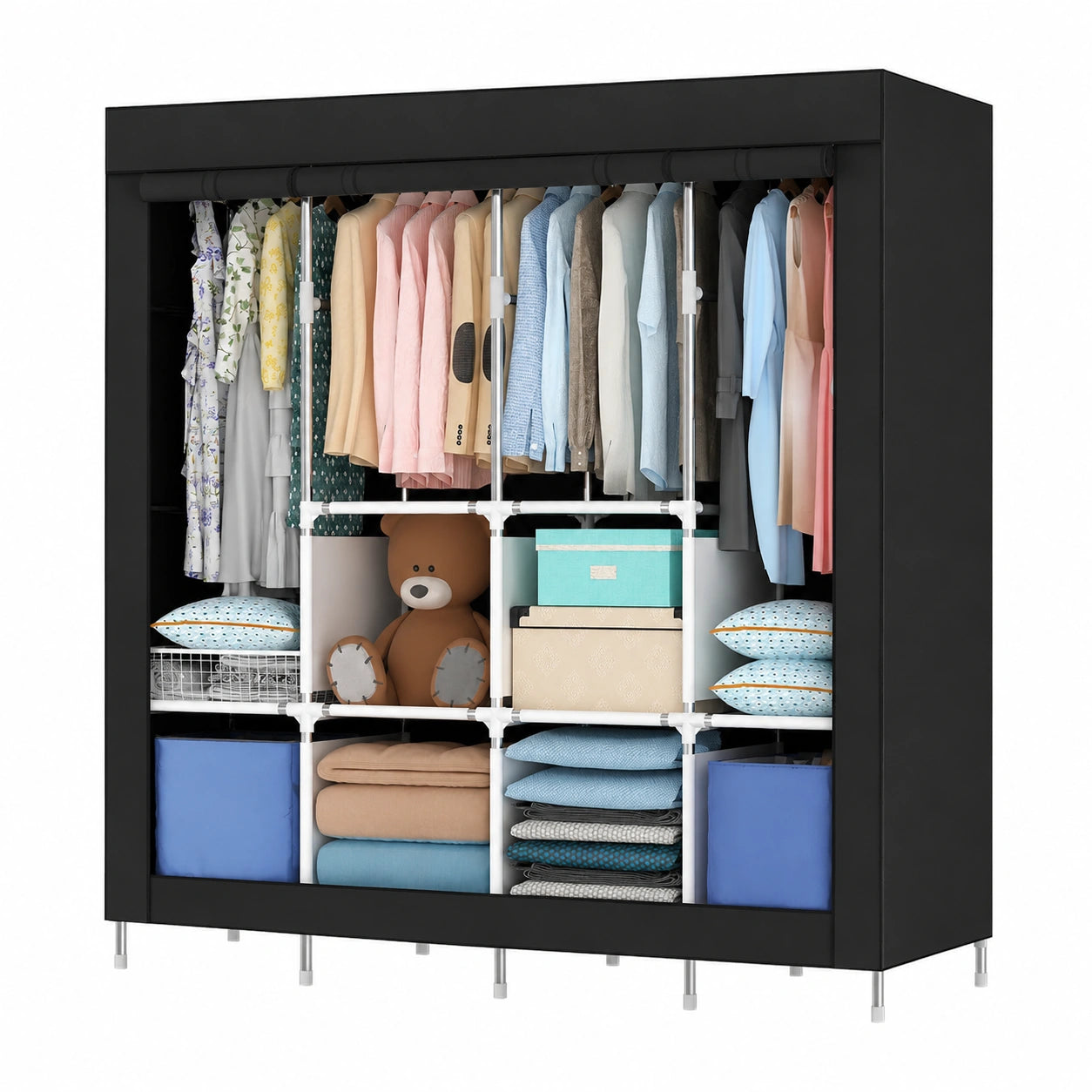 Moderner freistehender Stoff-Kleiderschrank aus Metall, 170 cm, platzsparend mit Oxford-Bezug, schwarz