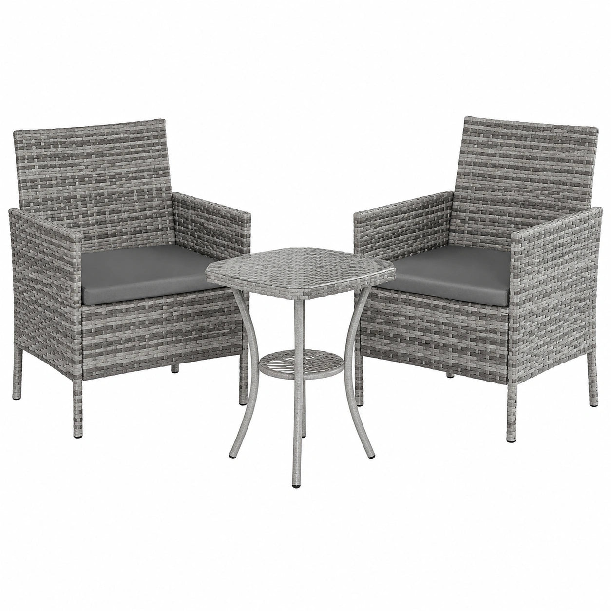 3-teiliges Gartenmöbelset aus Polyrattan für Balkon und Terrasse, wetterfest, inklusive Tisch und 2 Stühlen, grau