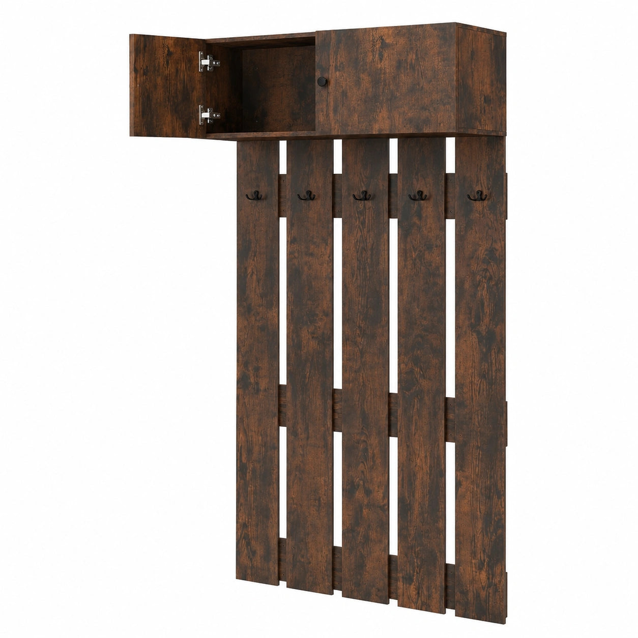 HOMASIS Wandgarderobe mit Haken und Schränken, Holz Flurmöbel für Eingangsbereich, Wohnzimmer, Schlafzimmer, 90x33x210cm, Braun