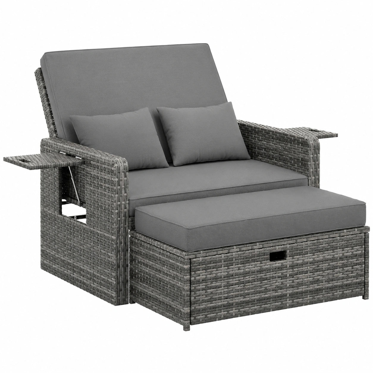 Amopatio Rattan Gartenlounge Set, Verstellbares 2-Sitzer Sofa mit Stauraum, Wetterfeste Balkon- und Terrassenmöbel, Inkl. Hocker und Kissen, Grau