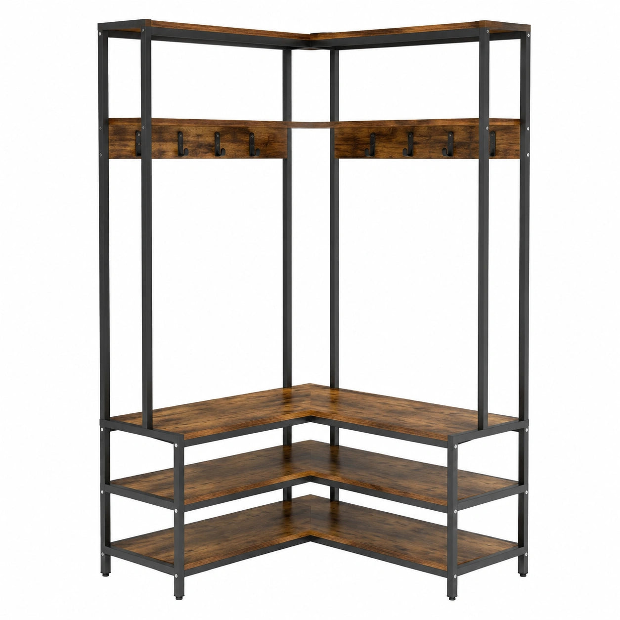 COSTWAY L-förmiger Garderobenständer mit Sitzbank und Ablagen, 7 Haken, ideal für Flur und Schlafzimmer, 90 x 90 x 178 cm, Walnuss