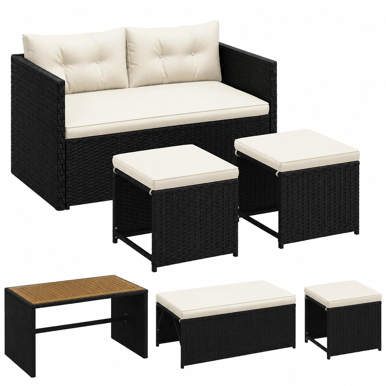 Yaheetech Polyrattan Gartenset: Sofa, Tisch & Hocker - Lounge für Balkon & Terrasse, Schwarz/Beige