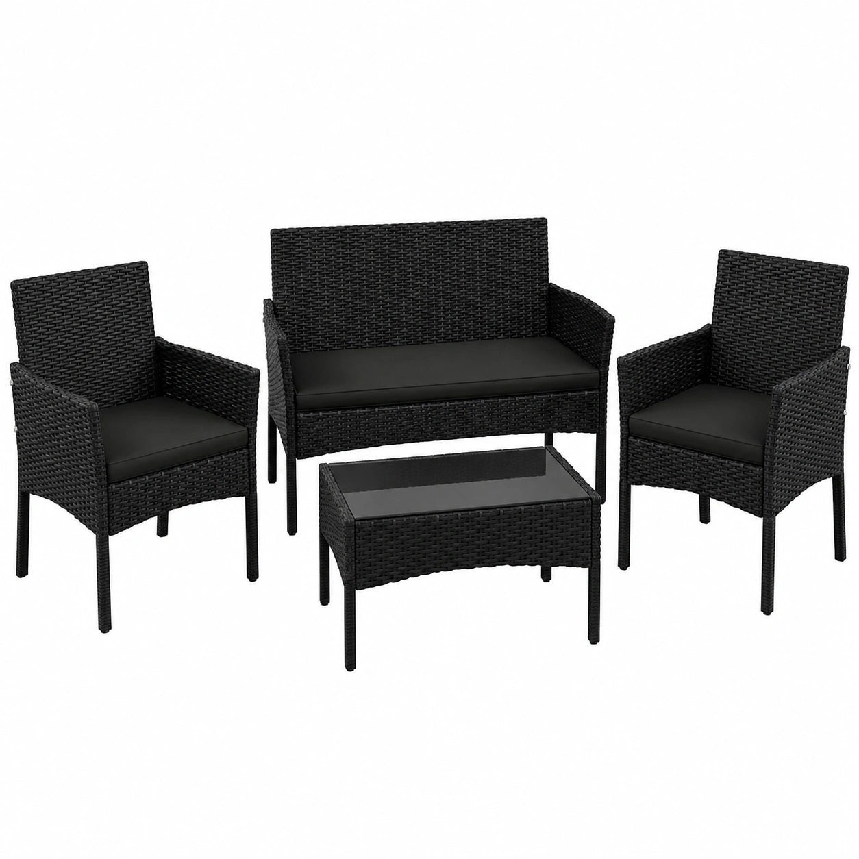 Yaheetech Gartenmöbel-Set 4-teilig, Polyrattan Balkon-Set mit Sofa, Stühlen, Tisch & Kissen, Schwarz/Grau