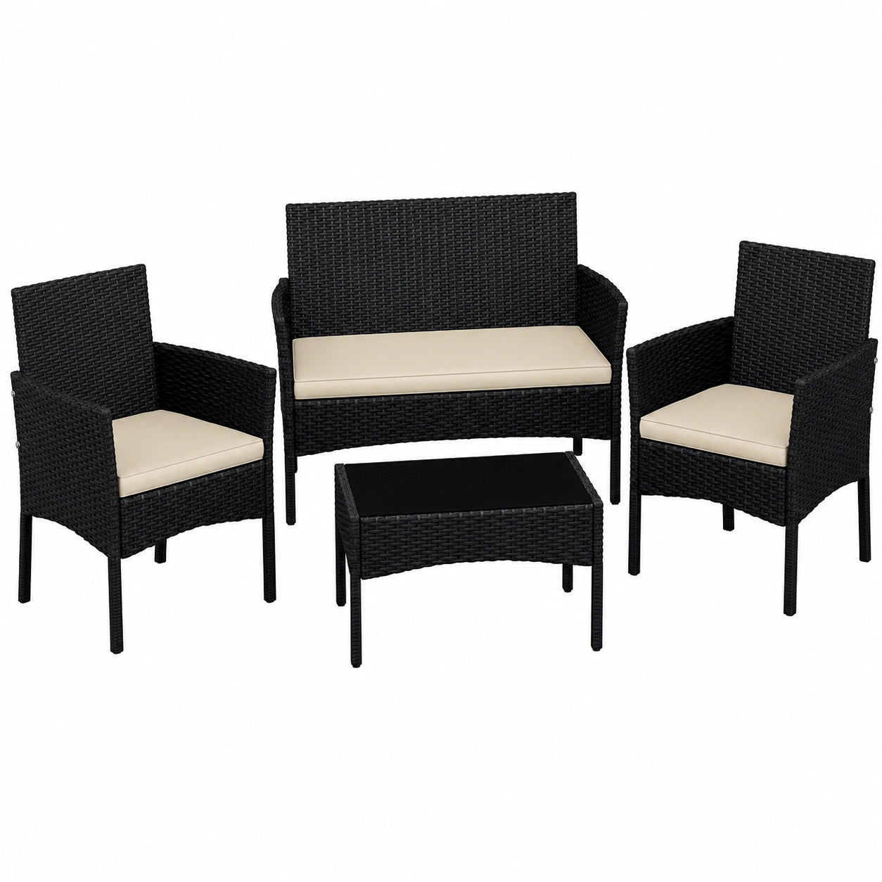 Yaheetech 4-teiliges Gartenmöbelset aus Polyrattan mit Sofa, Stühlen und Tisch, inkl. Sitzkissen für Terrasse und Balkon, Schwarz/Beige