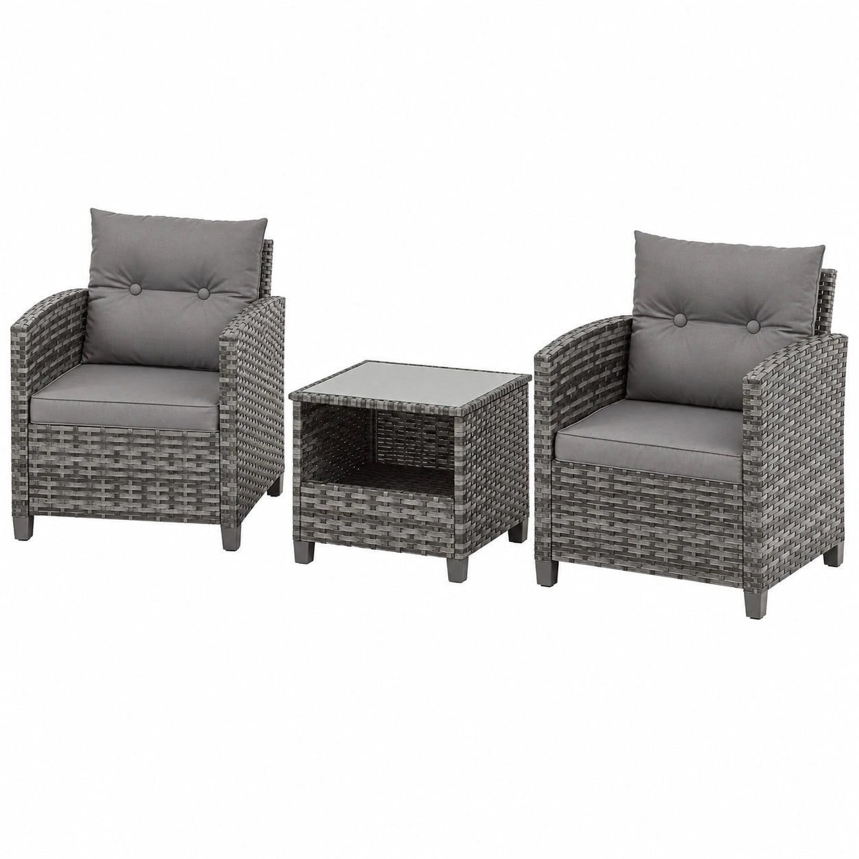 3-teiliges Rattan Balkonmöbel Set für 2 Personen, inkl. 2 Sessel und Tisch, ideal für Garten, Terrasse und Poolbereich, graumeliert